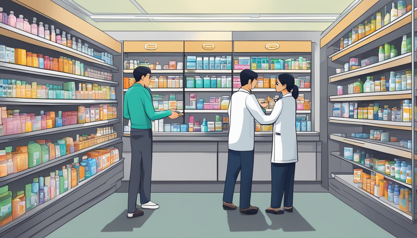 A pharmacy in Singapore sells T3 Mycin, with shelves stocked and a pharmacist assisting a customer