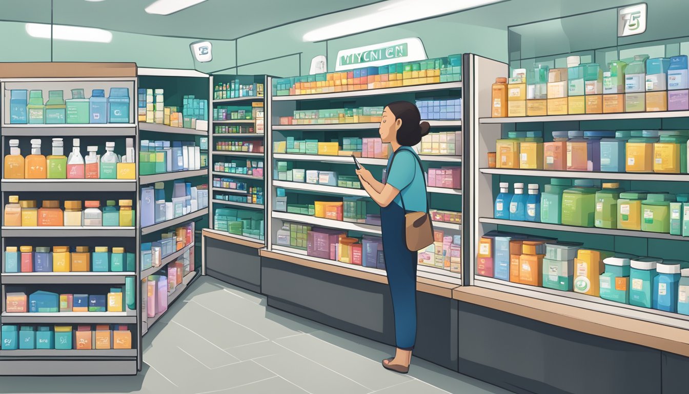 A pharmacy shelf displays T3 Mycin in Singapore. Customers browse nearby