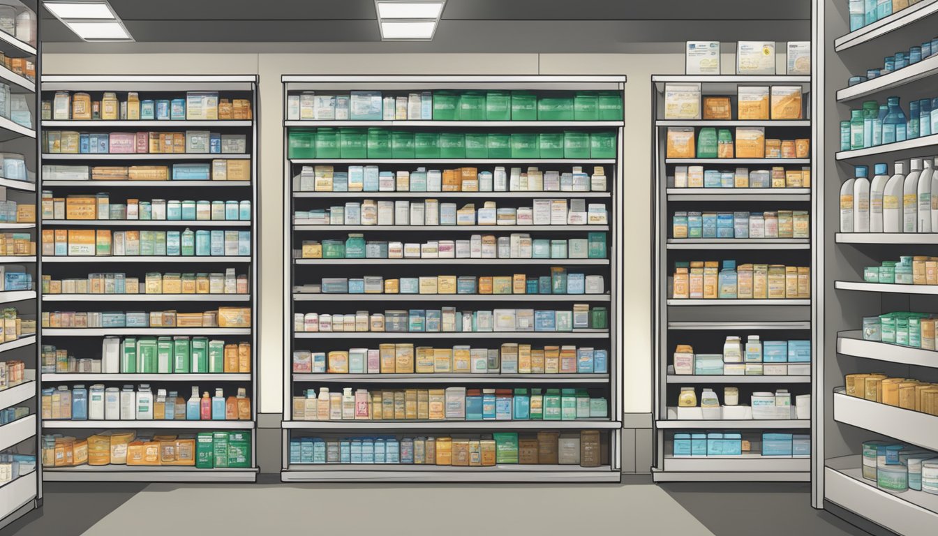 A pharmacy shelf stocked with T3 Mycin in Singapore. A sign above reads "Frequently Asked Questions."