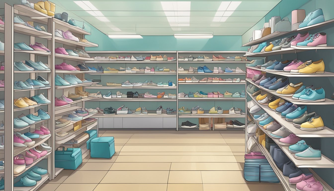 A busy Singapore shoe store sells nursing shoes in various styles and sizes. Shelves are stocked with comfortable and durable footwear for healthcare professionals