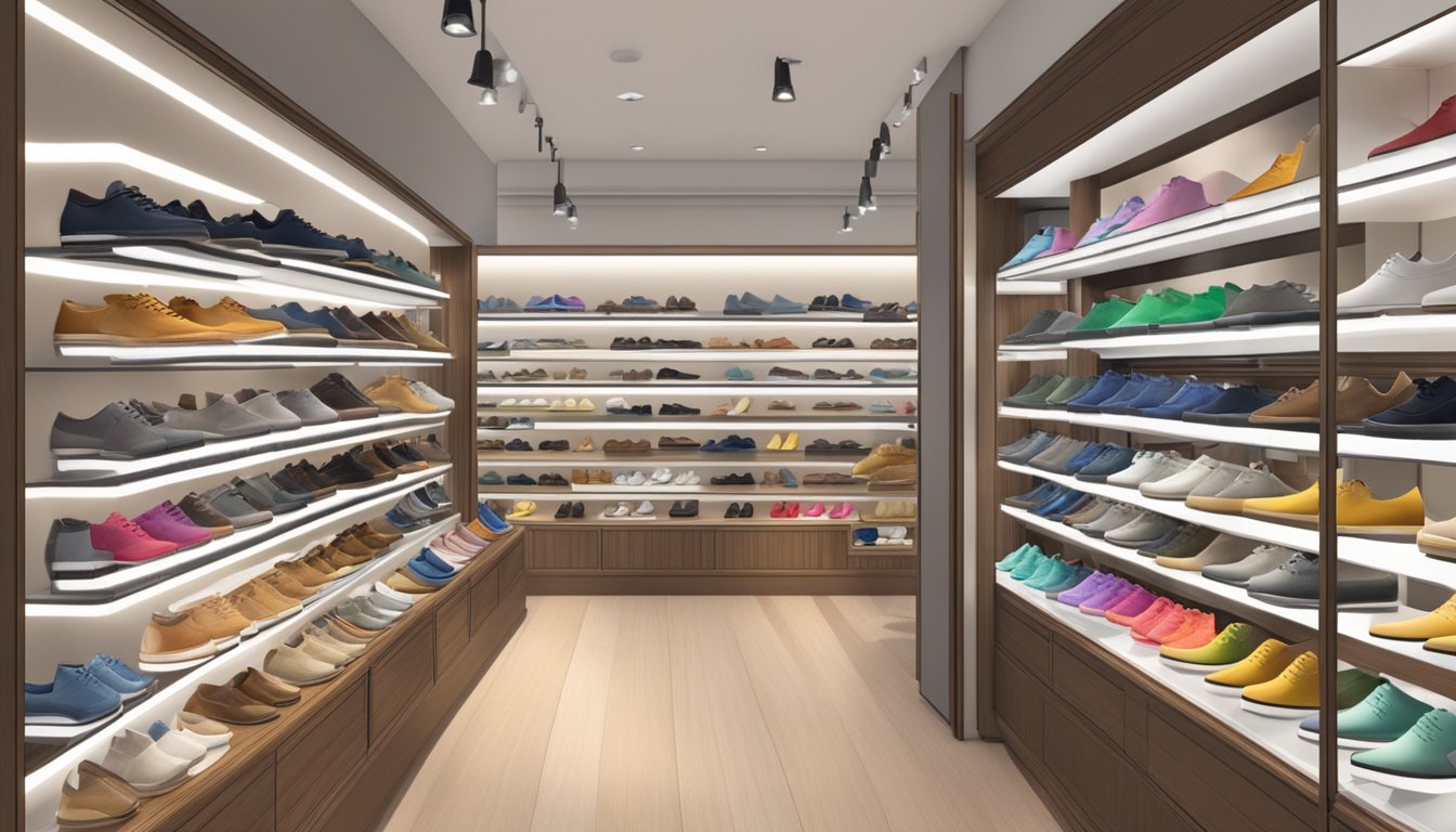 Nursing shoes displayed in well-lit Singapore shoe store, with various brands and styles showcased on shelves and racks