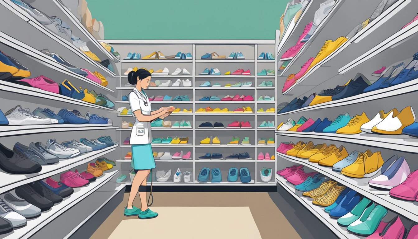A nurse browsing through shelves of nursing shoes at a store in Singapore