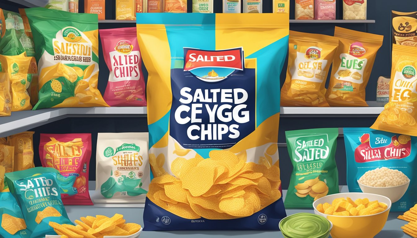 A bag of salted egg chips sits on a shelf in a Singaporean grocery store, surrounded by other snacks and products. The packaging features bold, colorful graphics and the words "salted egg chips" in large, enticing letters