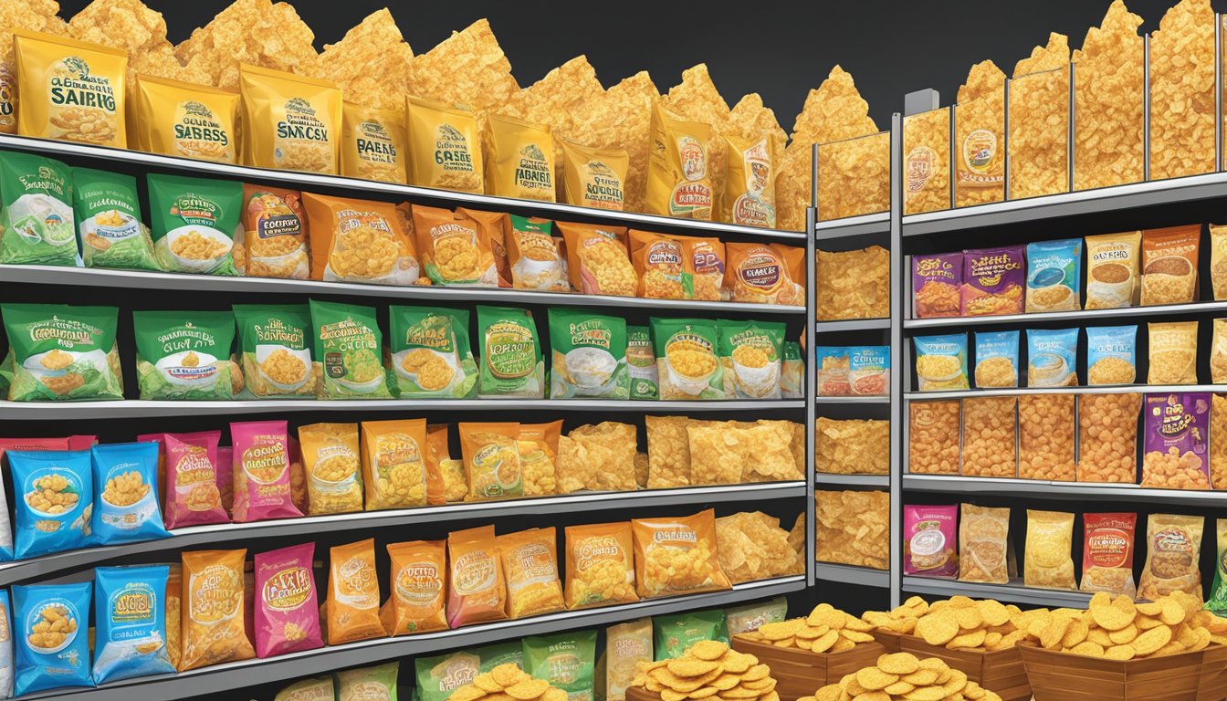 A display of salted egg chips at a Singaporean market, with various brands and flavors available for purchase