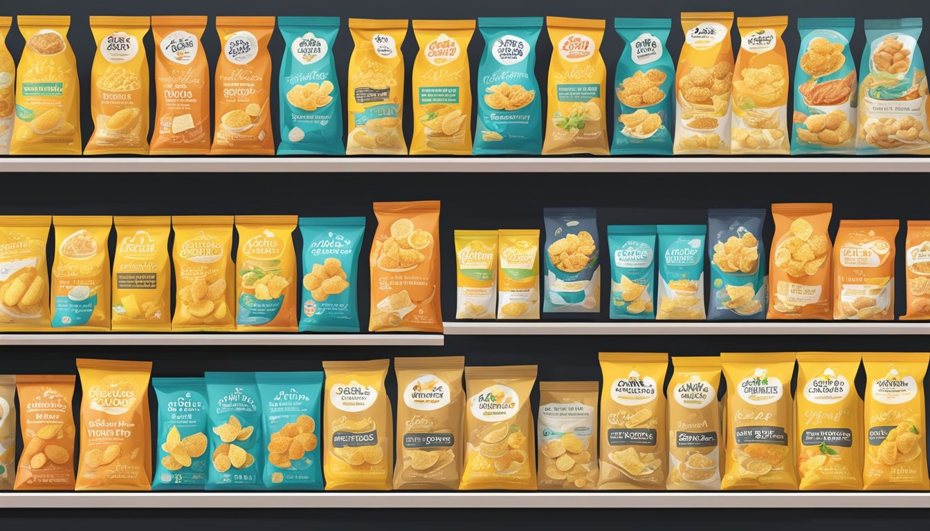 A variety of salted egg chips displayed on shelves in a Singaporean grocery store. Different flavors and packaging options are showcased, with price tags visible