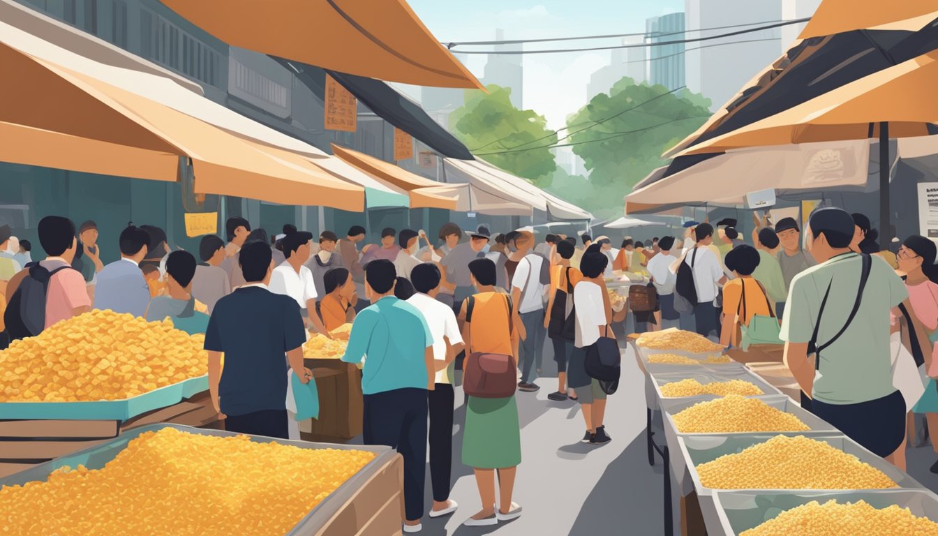 A table with a bag of salted egg chips, surrounded by curious onlookers in a bustling Singaporean market