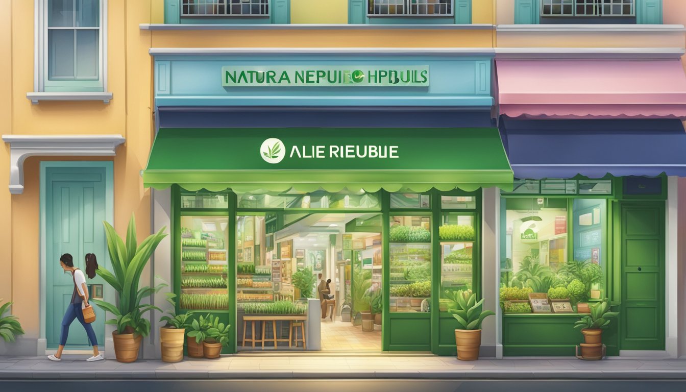A bustling street in Singapore, with colorful storefronts and a prominent sign for "Nature Republic Aloe Vera Gel" in the window
