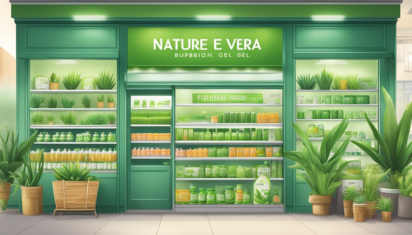 A storefront with a prominent sign displaying "Nature Republic Aloe Vera Gel" in Singapore. Shelves stocked with the product and customers browsing