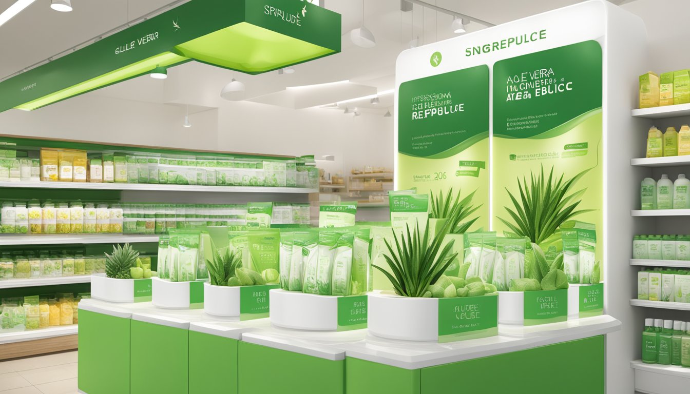 Aloe vera gel displayed in a Singaporean store, with clear product insights and benefits highlighted. The packaging prominently features the Nature Republic branding