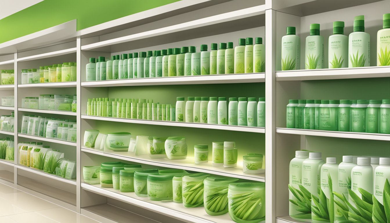 Shelves stocked with Nature Republic aloe vera gel in a Singapore store