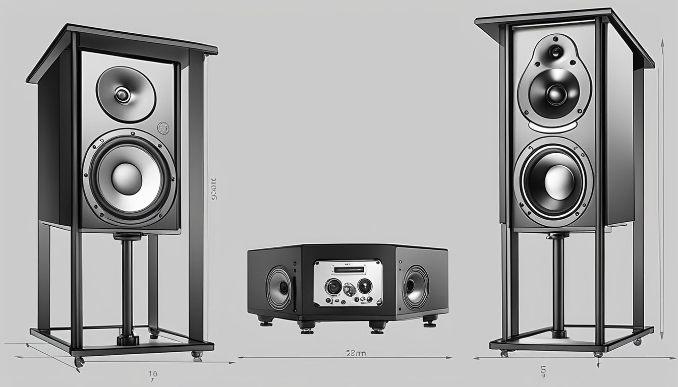 Two sleek black speaker stands stand tall, perfectly positioned to hold a pair of speakers. The stands are sturdy and modern, with adjustable height options for optimal sound projection