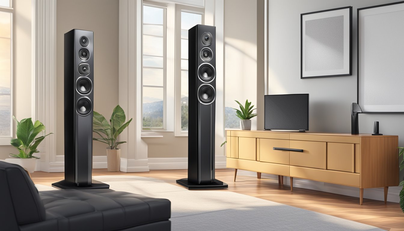 A pair of sleek, black speaker stands stand tall on either side of a modern entertainment center, elevating the speakers to ear level for optimal sound quality