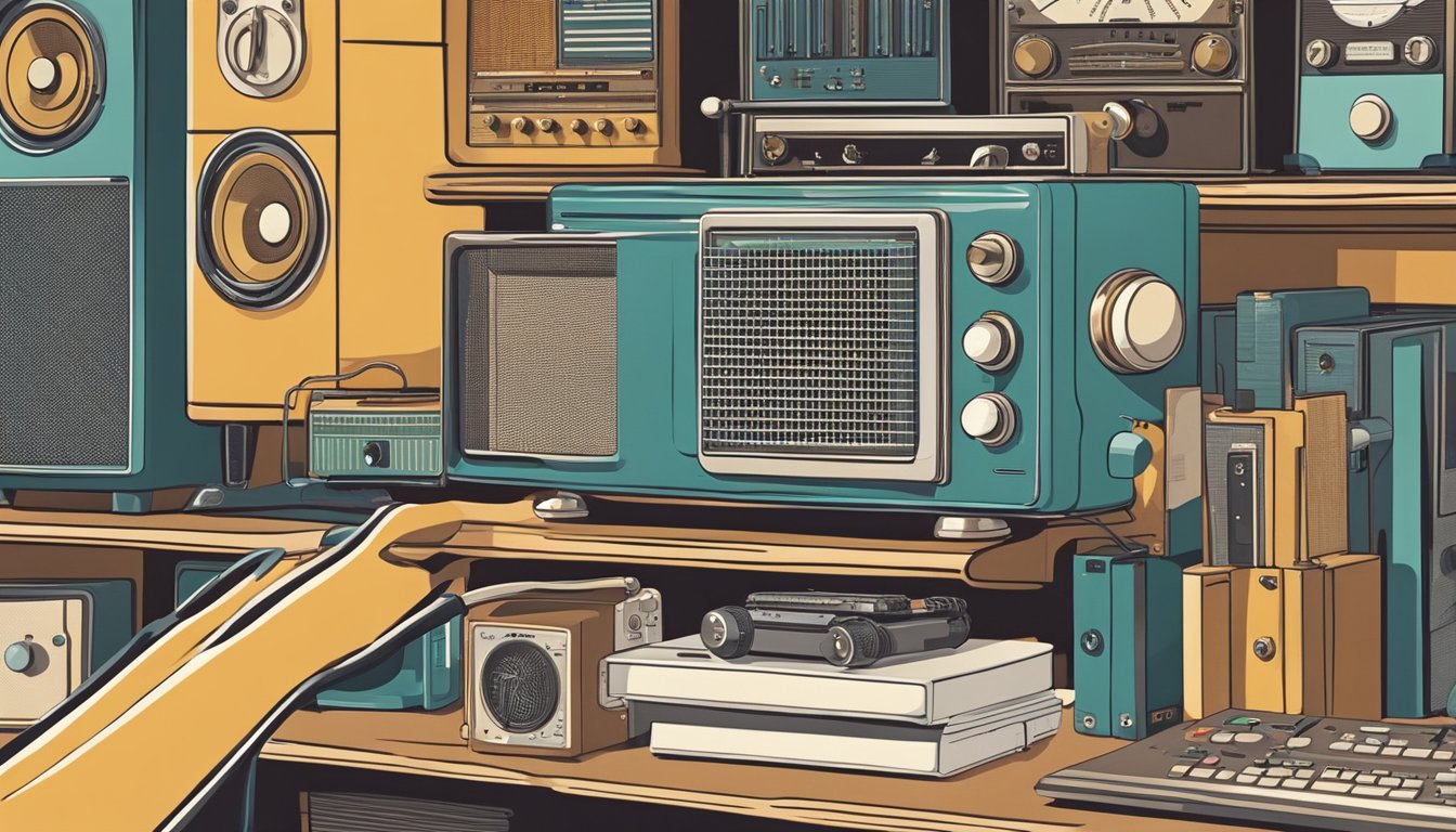 A hand reaches for a vintage transistor radio on a cluttered shelf, surrounded by other electronic devices. The radio's dials and buttons are prominently displayed, and the overall scene exudes a nostalgic, retro vibe