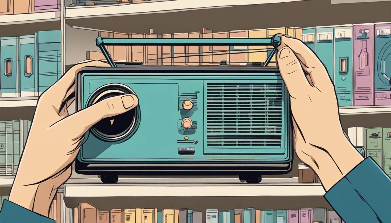 A hand reaches for a transistor radio on a store shelf, with a sign reading "Maximising Your Listening Experience" above