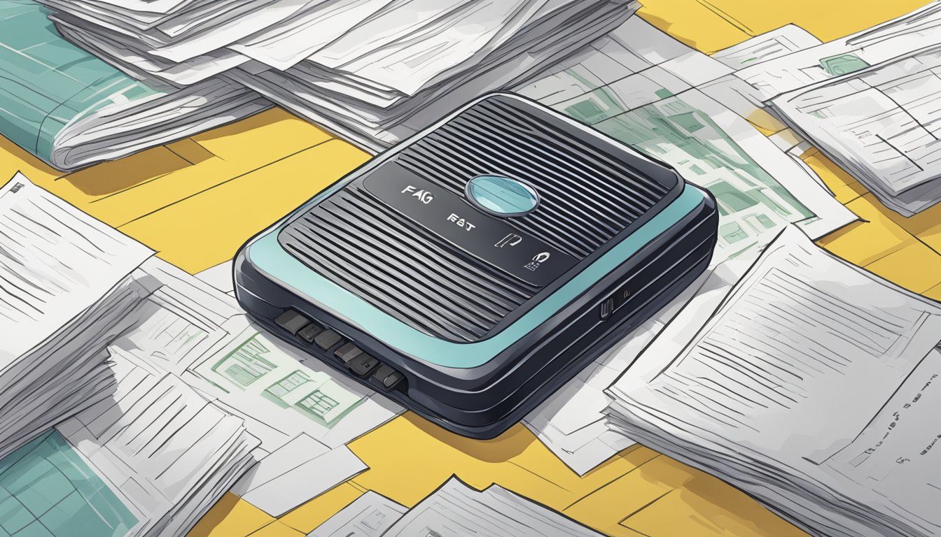A transistor radio surrounded by a stack of FAQ sheets, with a "best buy" sign in the background