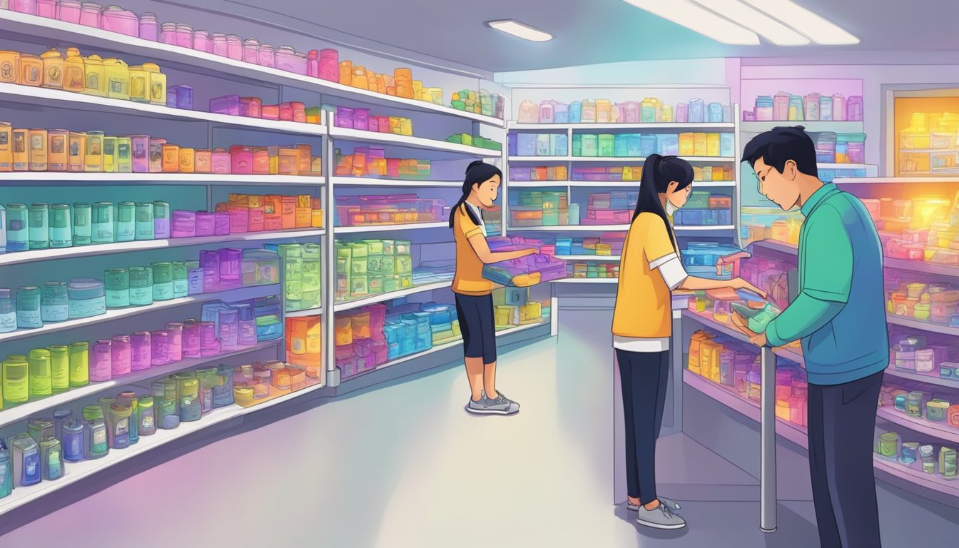 A store in Singapore sells UV torch lights. The shelves are lined with different models, and a salesperson assists a customer