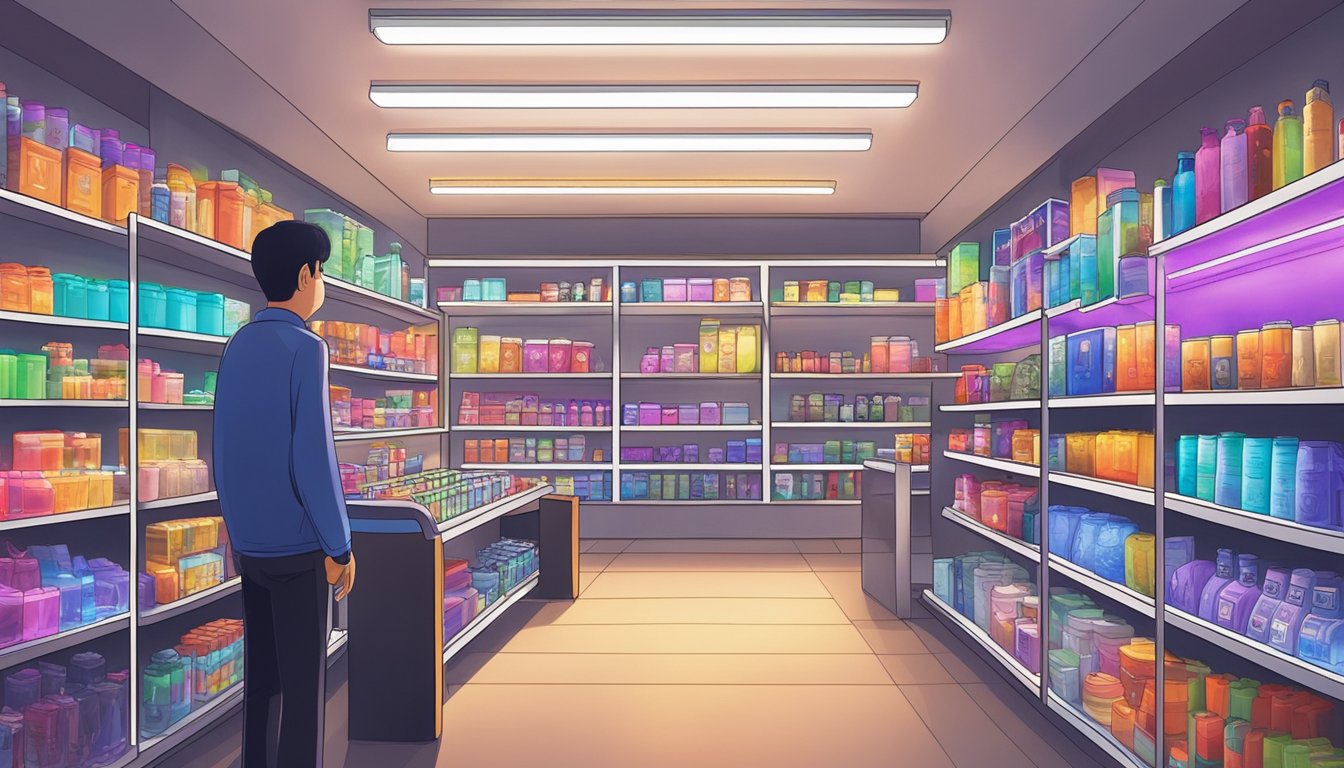 A UV torch light illuminates a store in Singapore, with shelves stocked with products and a customer browsing