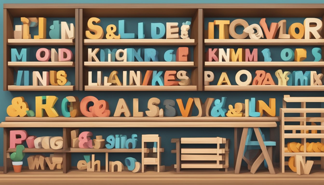 Wooden letters displayed on shelves in a Singaporean craft store