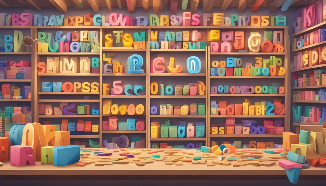 Wooden letters arranged in a colorful display, surrounded by craft supplies and displayed in a well-lit store in Singapore