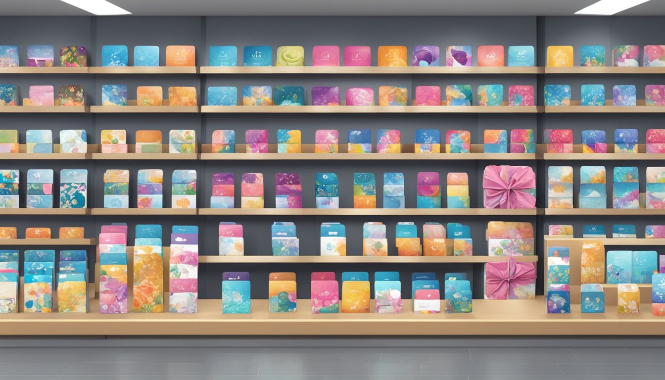 iTunes gift cards displayed on shelves in a Singaporean retail store