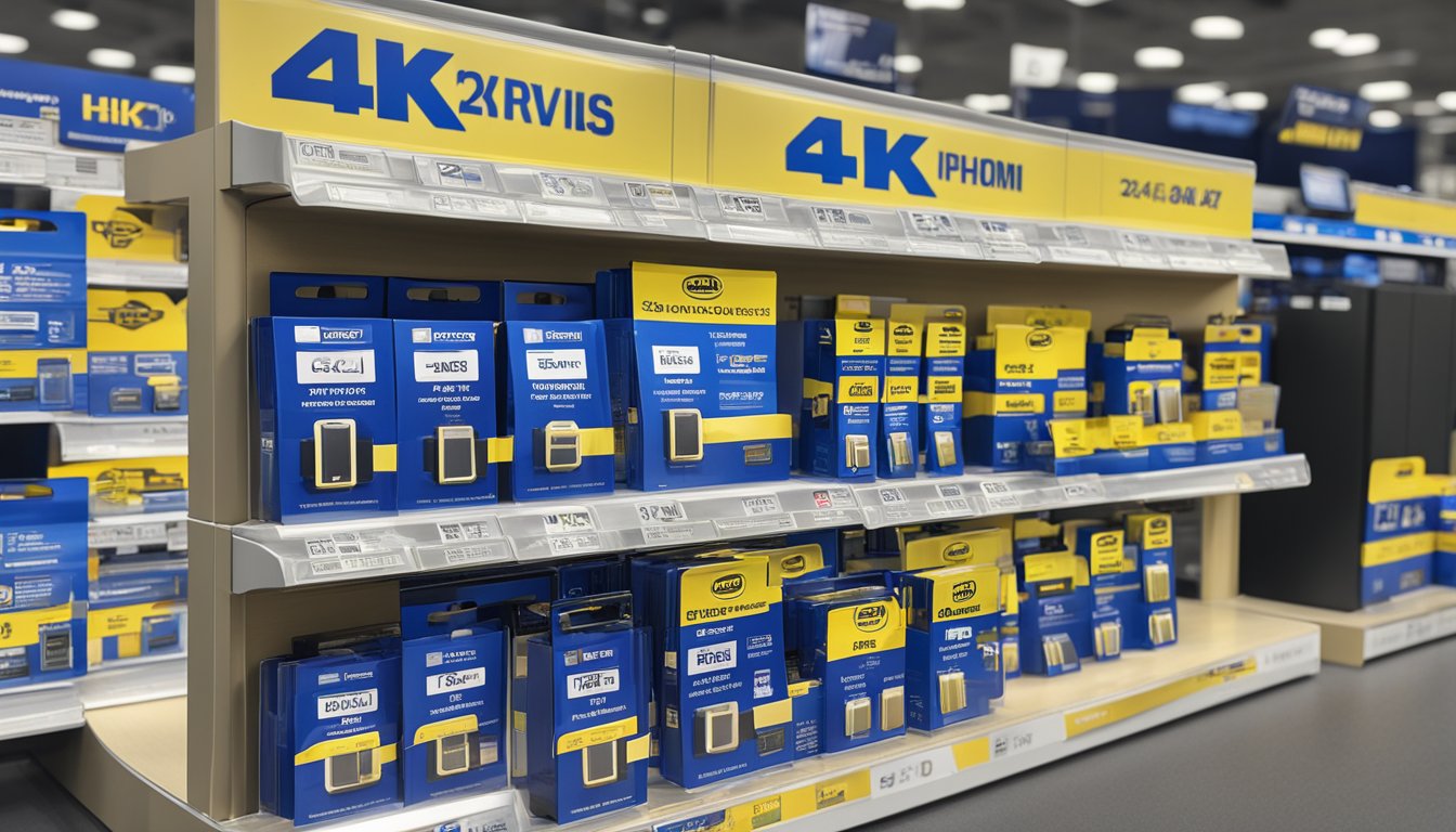 A display of various 4K HDMI cables neatly organized on a shelf at Best Buy, with price tags and promotional signs visible