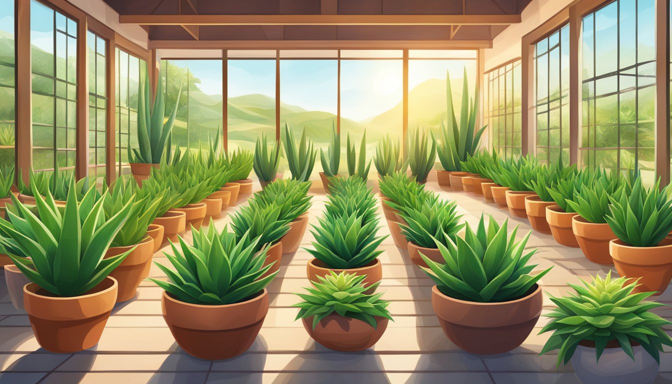 A garden center displays rows of vibrant aloe vera plants in terracotta pots. Lush green leaves reach towards the sunlight, creating a soothing and natural ambiance