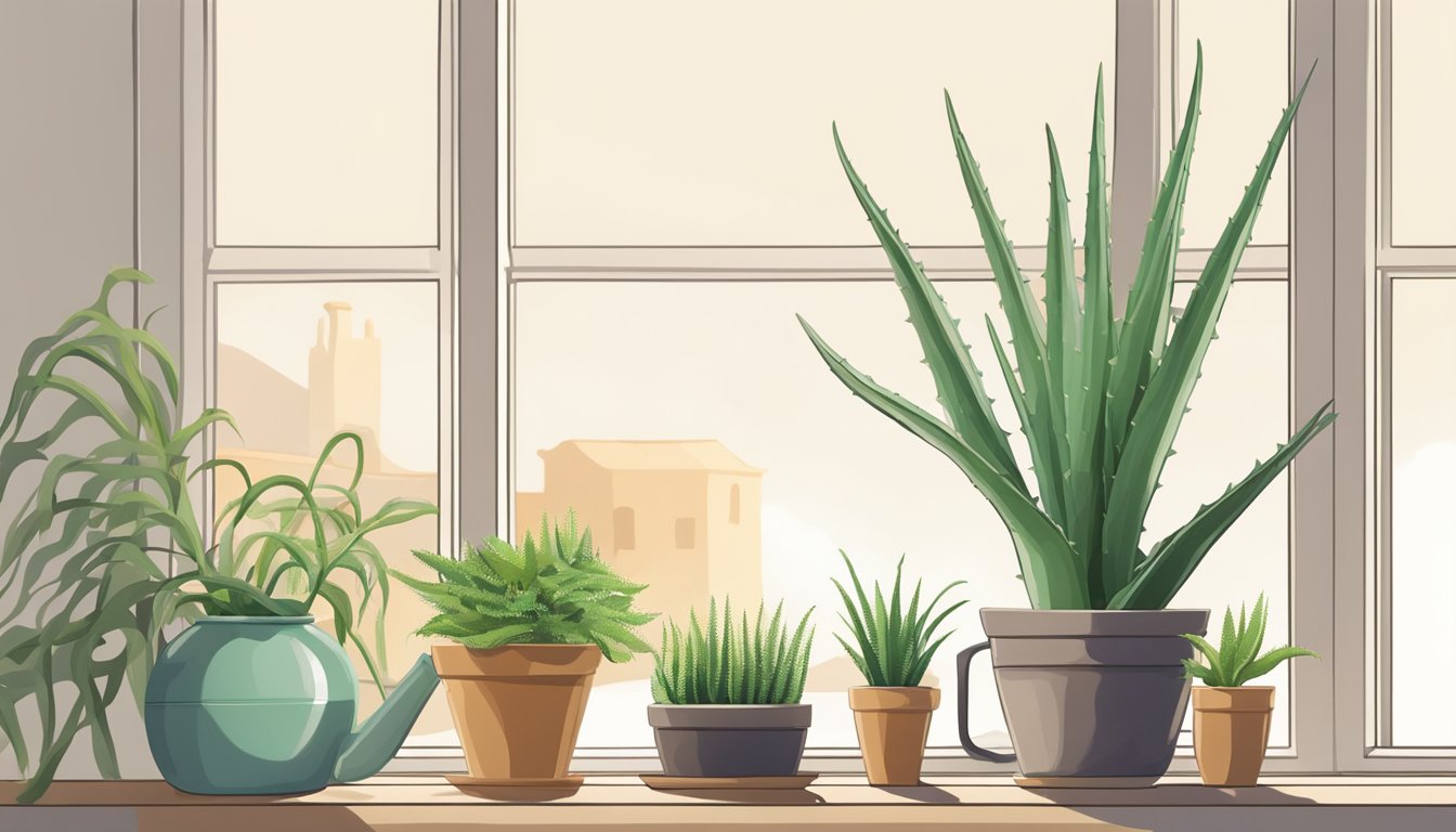 Aloe vera plant sits on a sunny windowsill, surrounded by small pots of well-draining soil. A watering can and a bottle of organic fertilizer are nearby