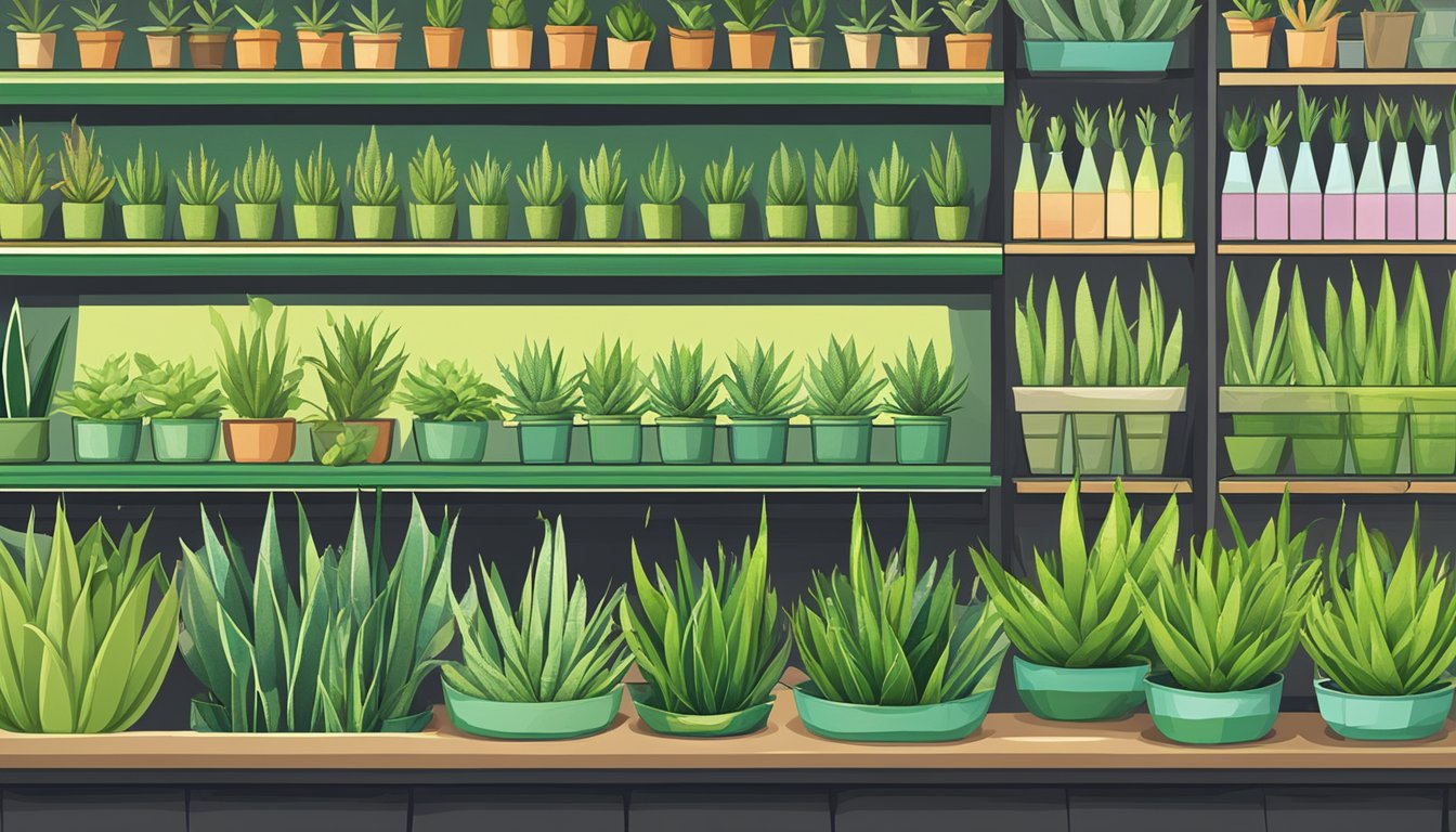 A vibrant display of aloe vera plants arranged neatly on shelves in a botanical store in Singapore, with a "Frequently Asked Questions" sign prominently displayed
