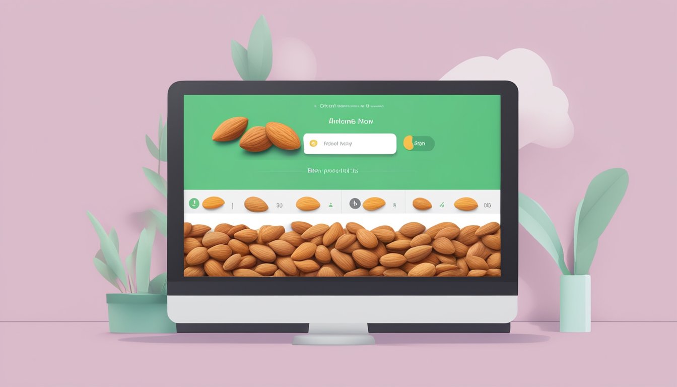 Almonds displayed on a computer screen with a "buy now" button