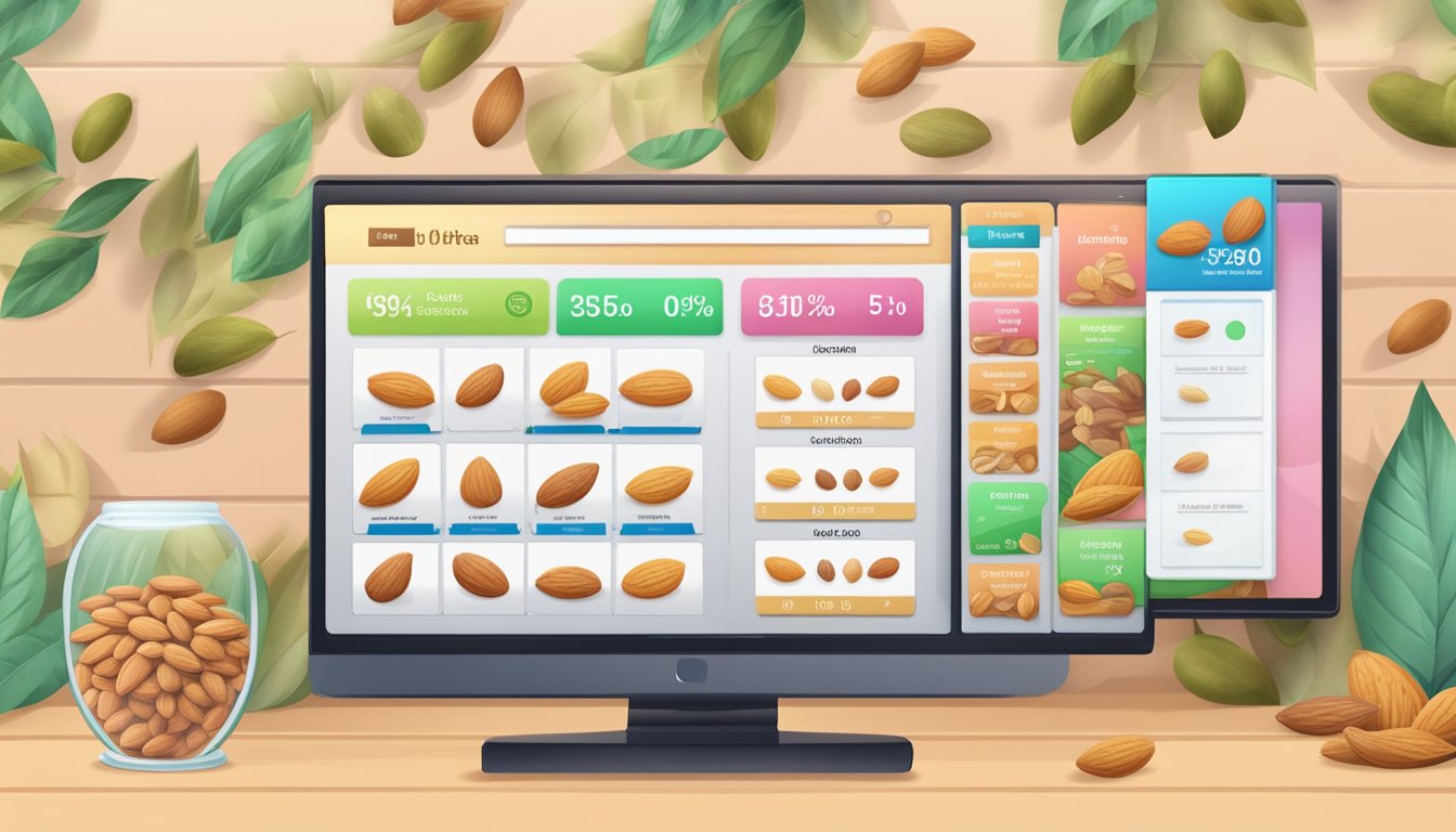 A computer screen displaying various almond options with low prices and special deals
