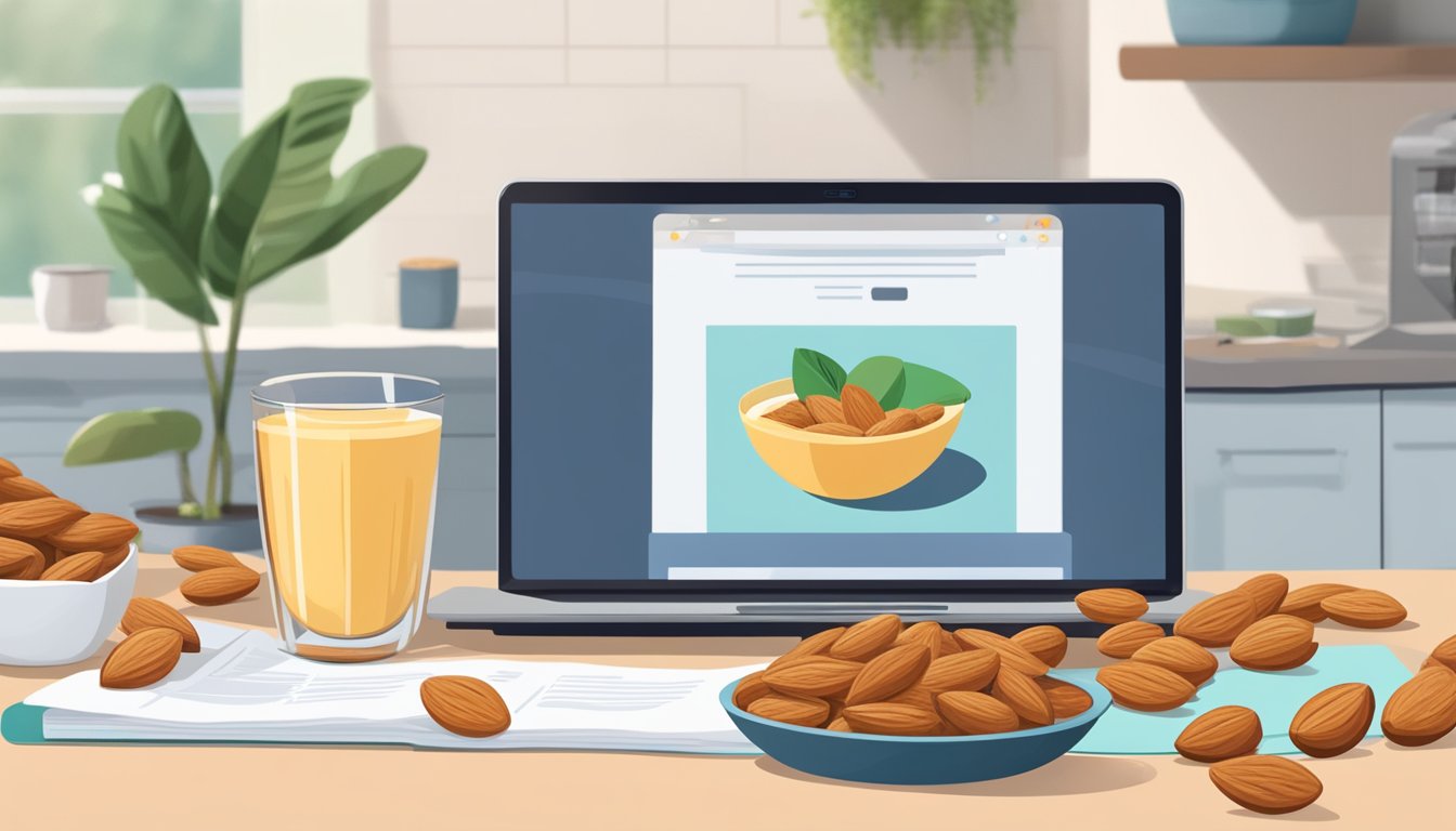 A bowl of almonds sits on a kitchen counter next to a laptop with a website open to buy almonds online cheap. A spoonful of almonds is being added to a smoothie in a blender