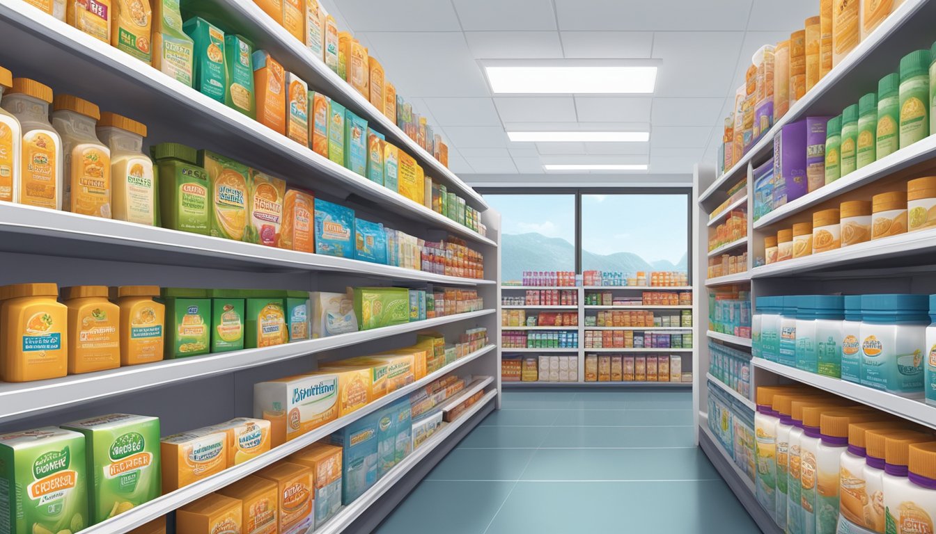 Metamucil displayed on shelves in a Singaporean pharmacy, surrounded by other digestive health products
