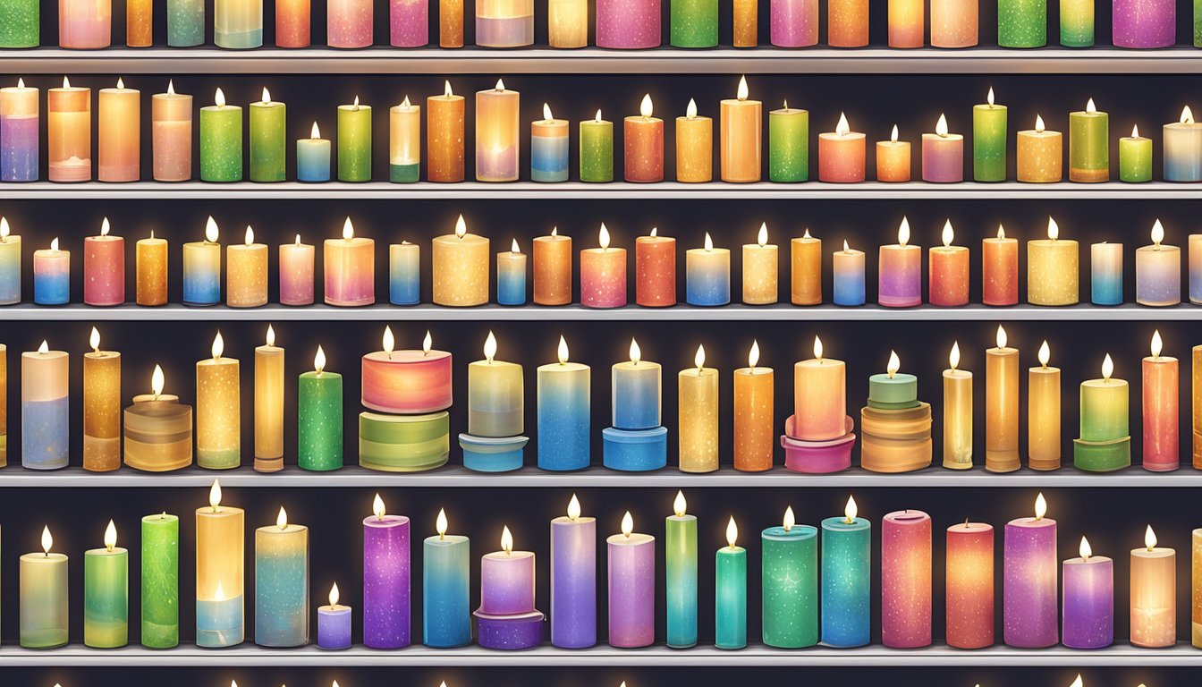 A display of battery-operated candles on a shelf in a well-lit store in Singapore. Various sizes and colors are available for purchase