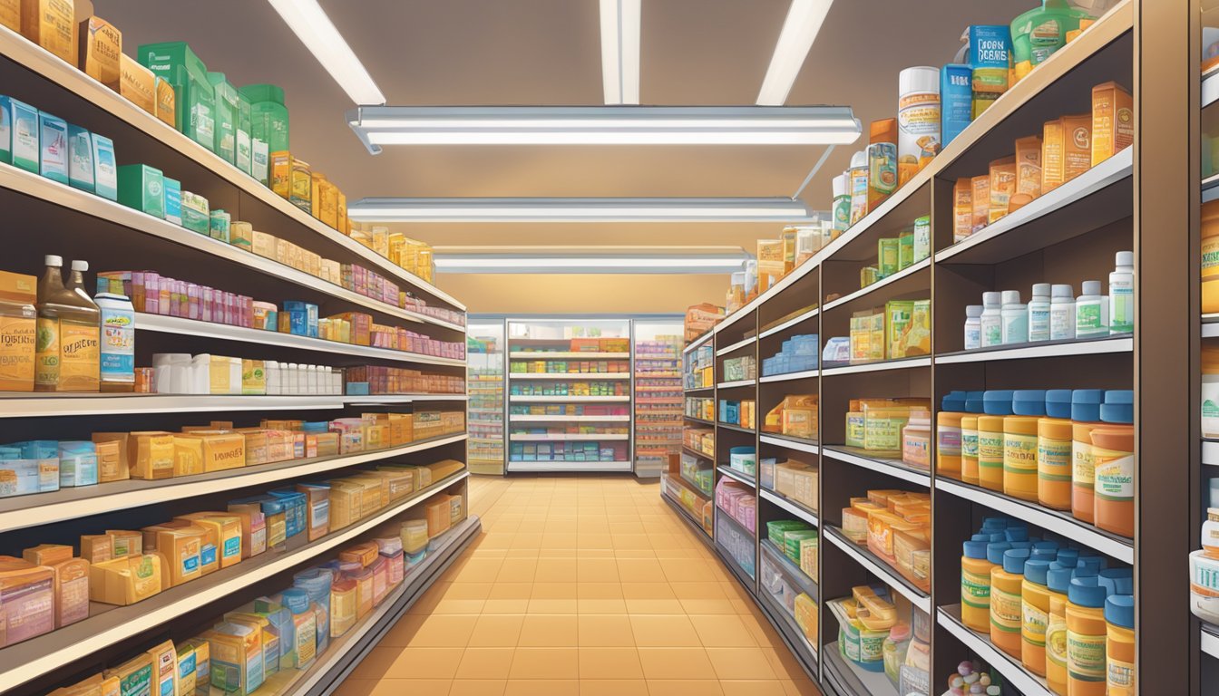 Shelves of a pharmacy stocked with Metamucil products, a sign indicating "Frequently Asked Questions" and a map of Singapore