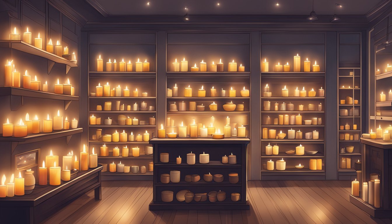 A cozy home decor store in Singapore displays an array of battery-operated candles on its shelves, with soft lighting and inviting ambiance