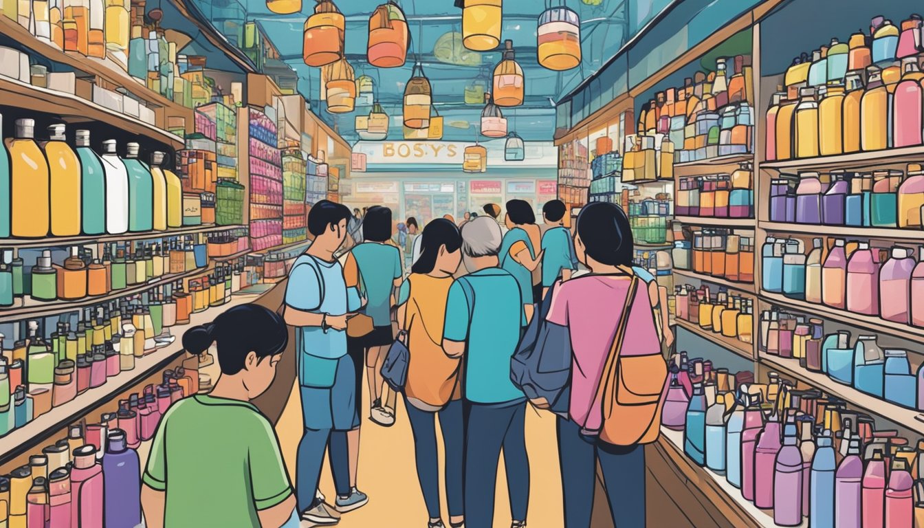 A bustling Singaporean market stall displays Biosys Hair Tonic bottles. Shoppers browse the vibrant array of hair care products