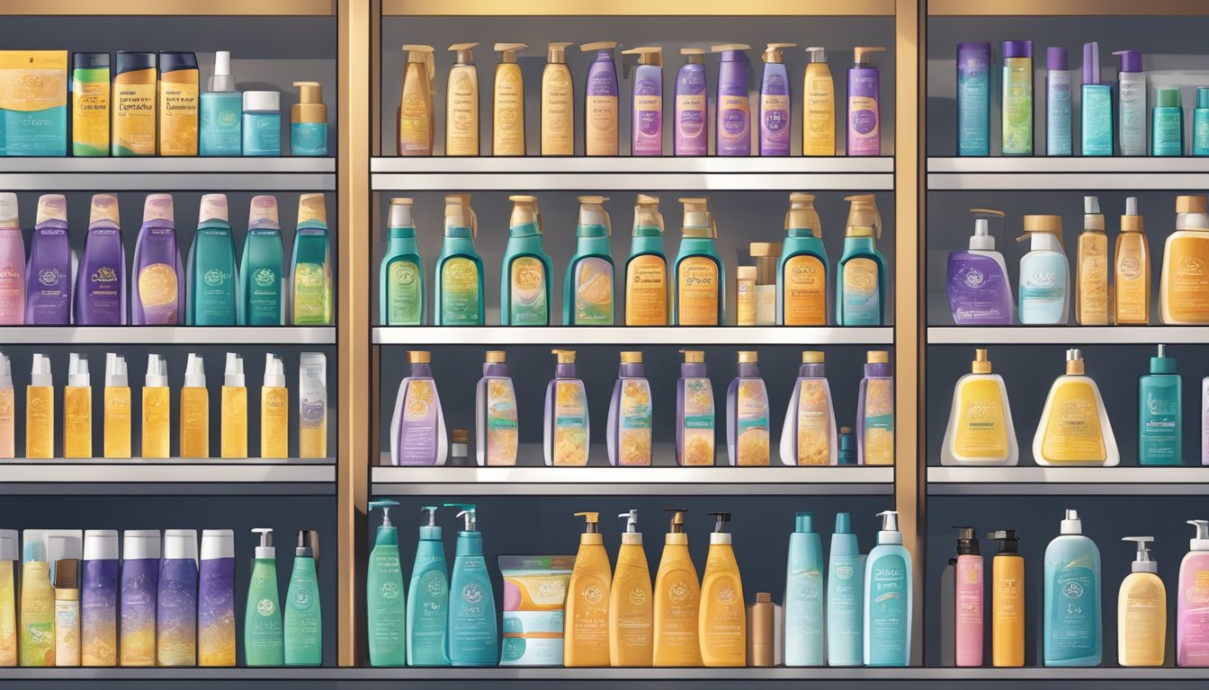 A bottle of Biosys Hair Tonic sits on a shelf in a modern, well-lit store in Singapore, surrounded by other hair care products