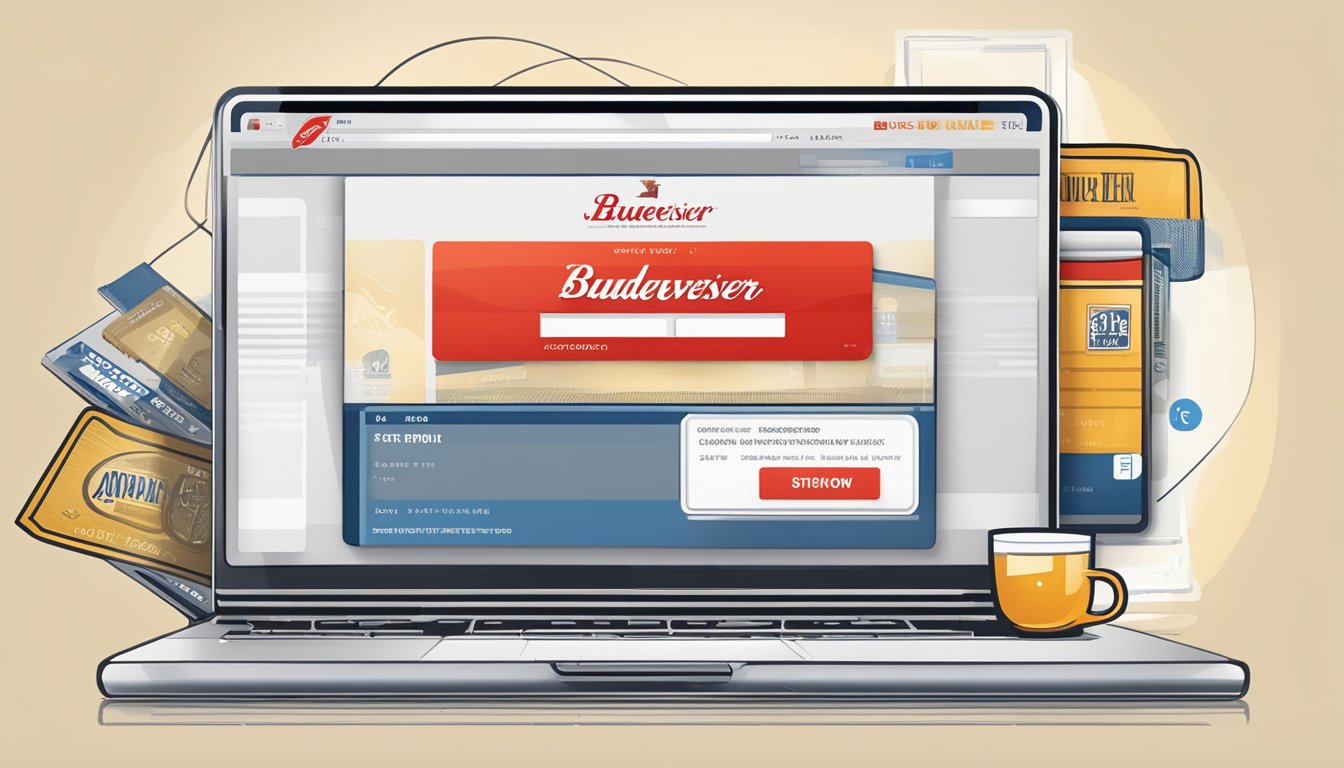A computer screen displaying a website with the Budweiser logo and a "buy now" button. A credit card and shipping address are visible on the screen