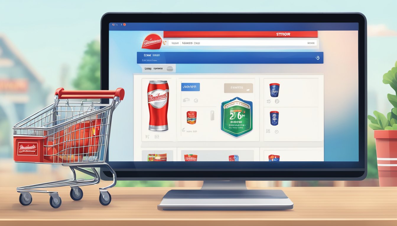 A computer screen showing an online Budweiser store with a "Buy Now" button and a cart icon