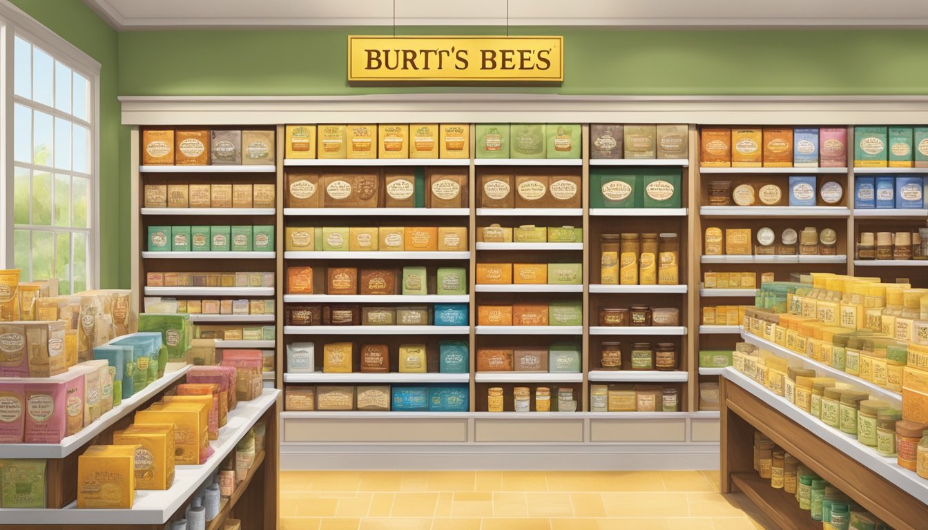 A display of Burt's Bees products on a shelf in a well-lit store, with colorful packaging and natural ingredients prominently featured