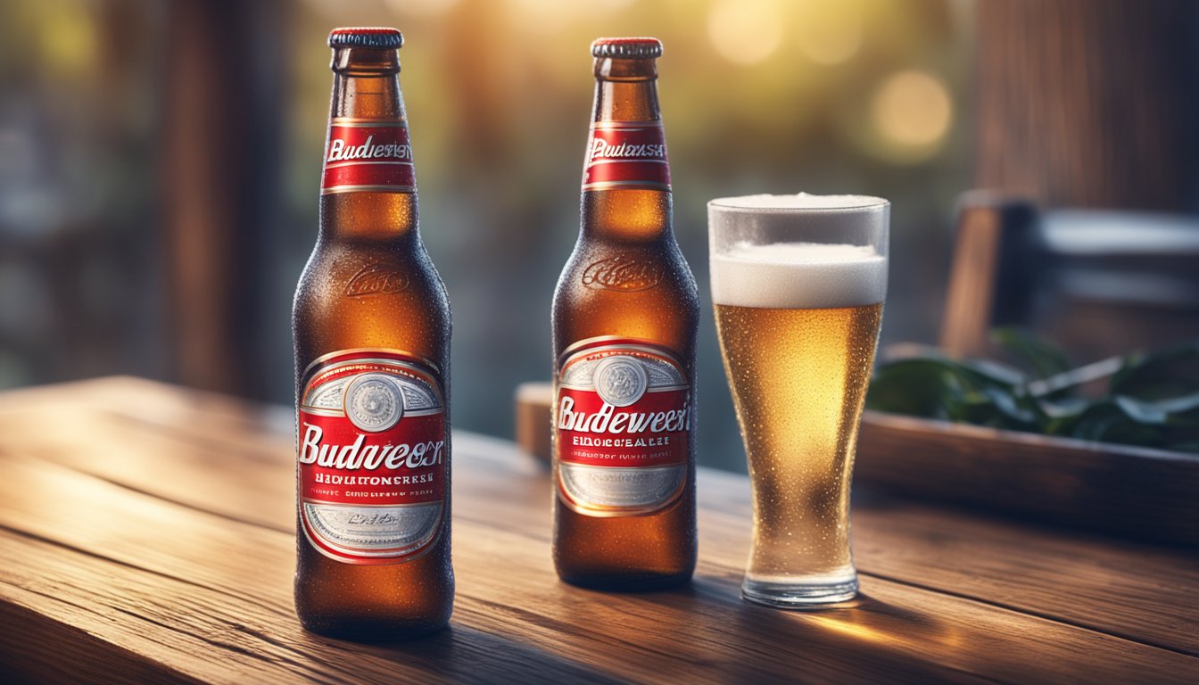 A cold Budweiser sits on a rustic wooden table, condensation glistening on the bottle. The background is blurred, suggesting a relaxed atmosphere