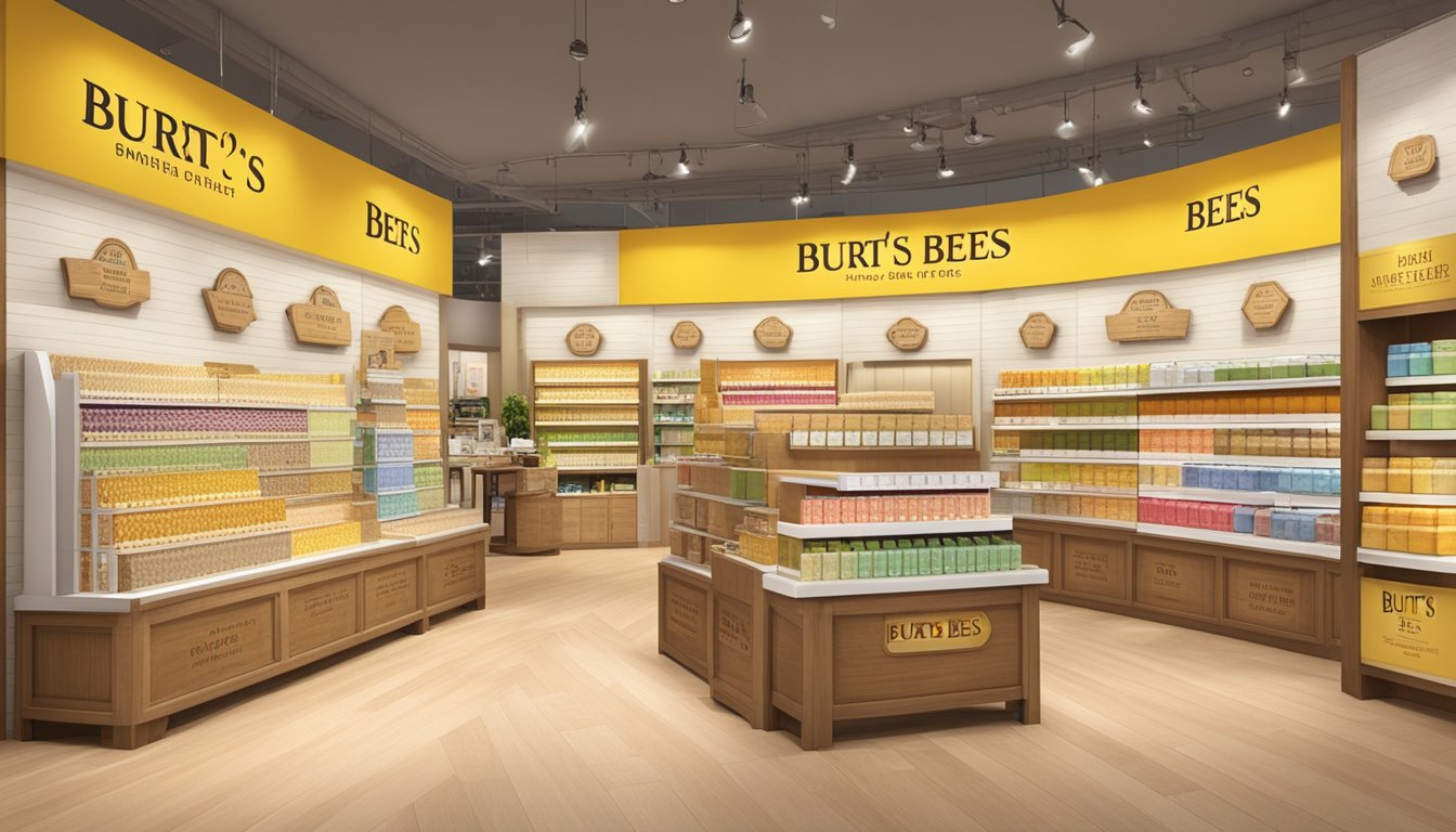 A display of Burt's Bees products in a Singapore store, with signs indicating "Frequently Asked Questions" and "Where to buy" prominently featured