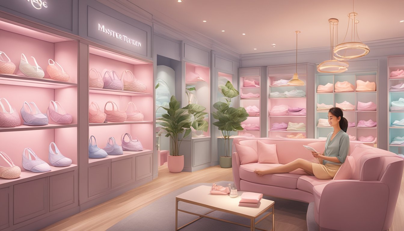 A serene woman browses a display of mastectomy bras in a bright, welcoming lingerie store in Singapore. The soft lighting and comfortable seating create a soothing atmosphere for her to explore and find the perfect fit for her post-mastectomy well-being