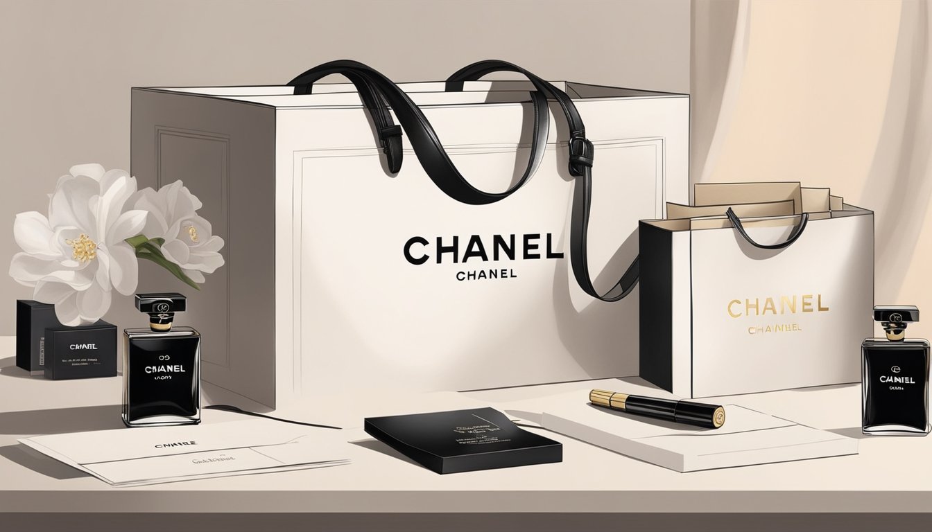 A luxurious Chanel bag sits on a sleek, modern table, surrounded by elegant packaging and a receipt. The soft lighting highlights the iconic double-C logo, creating a sense of sophistication and exclusivity