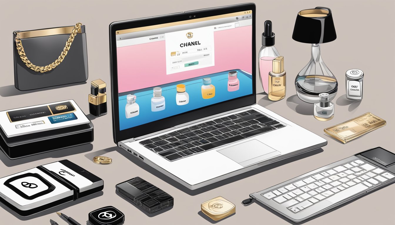 A laptop with a Chanel website open, surrounded by various Chanel products and a customer's credit card