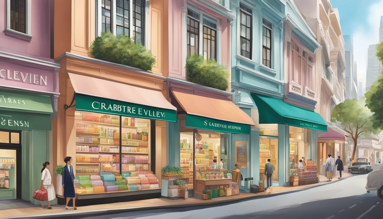 A bustling street in Singapore, with colorful storefronts and signage, showcases a prominent display of Crabtree and Evelyn products in a high-end boutique window