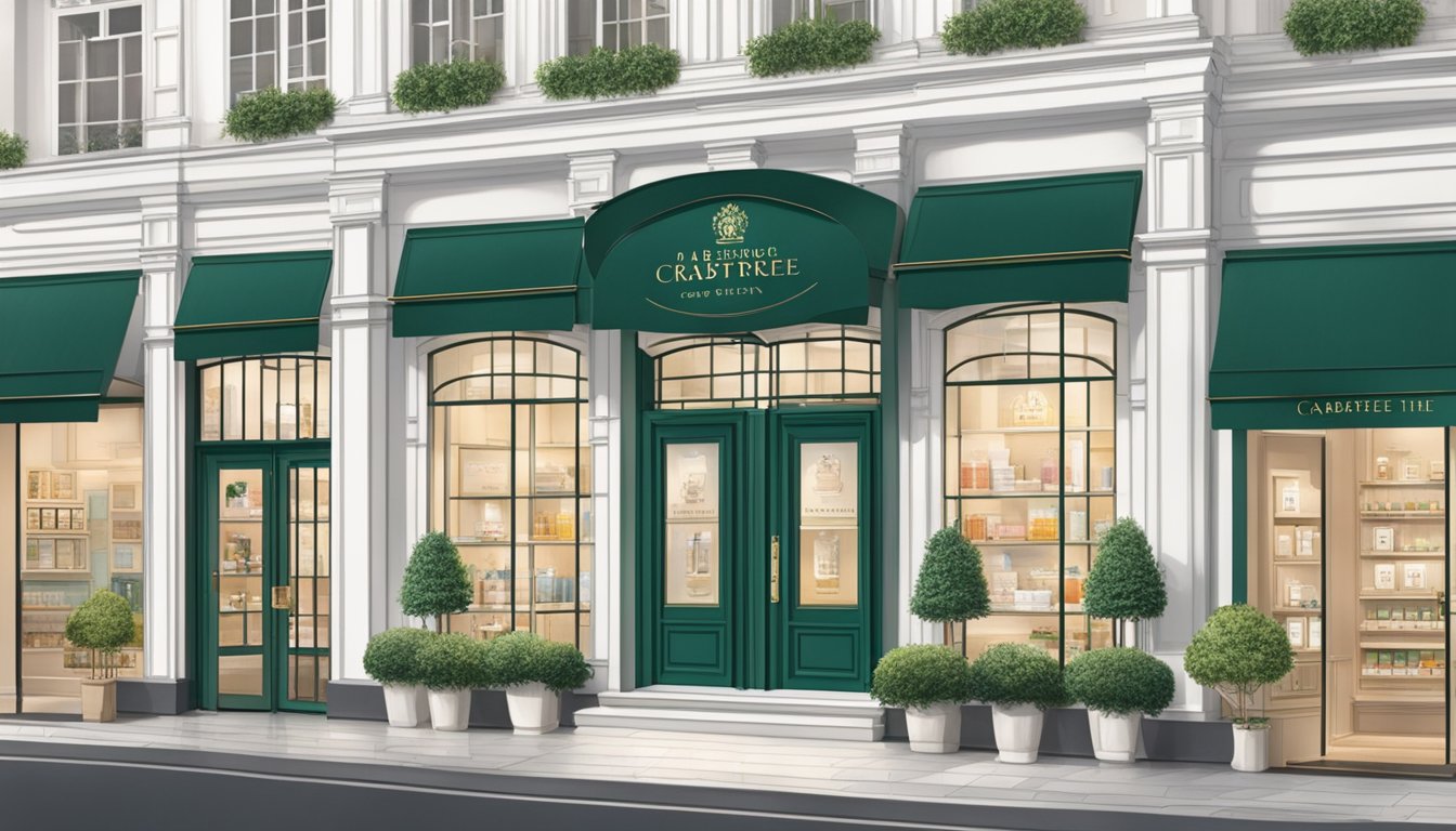 Capture the storefront of Crabtree & Evelyn in Singapore, showcasing the elegant exterior and inviting entrance for customers to buy their products