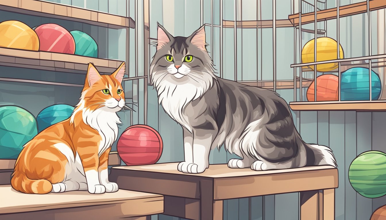 Maine Coon cats for sale in Singapore, displayed in a cozy pet shop setting with spacious cages and colorful toys