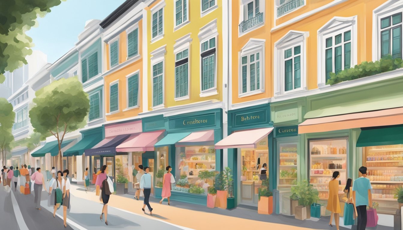 A bustling Singapore street lined with upscale boutiques, featuring a prominent storefront displaying a wide array of Crabtree & Evelyn products