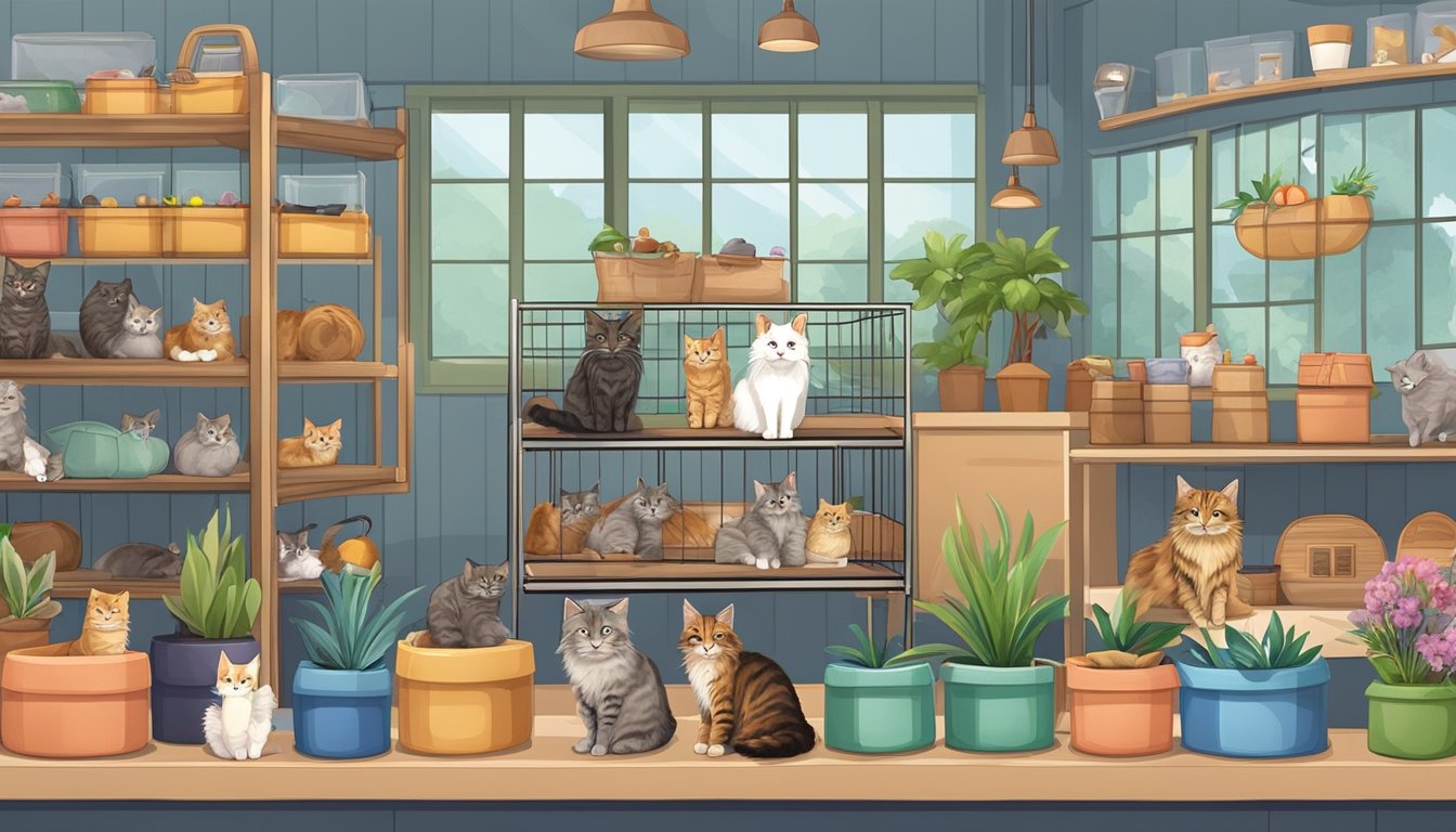 A cozy pet store in Singapore showcases Maine Coon cats, with spacious enclosures and a variety of toys and accessories